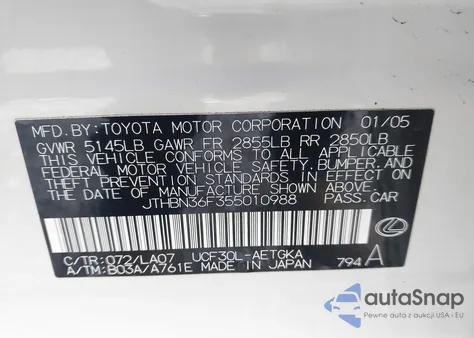 2005 Lexus Ls 430 from USA, damaged, VIN JTHBN36F355010988